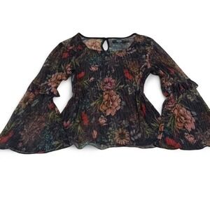 Eva Franco Floral Metallic Bell Sleeve Keyhole Blouse Women's M